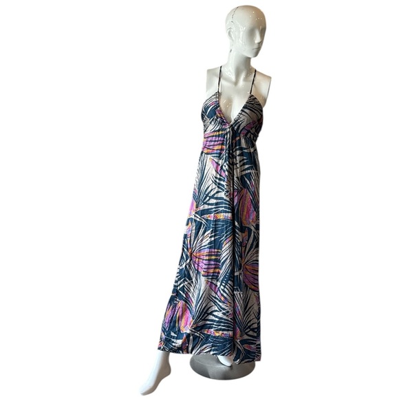 Lorie Lester Miami Blue Multi Palm Print Halter Maxi Dress Size XS - Picture 2 of 15
